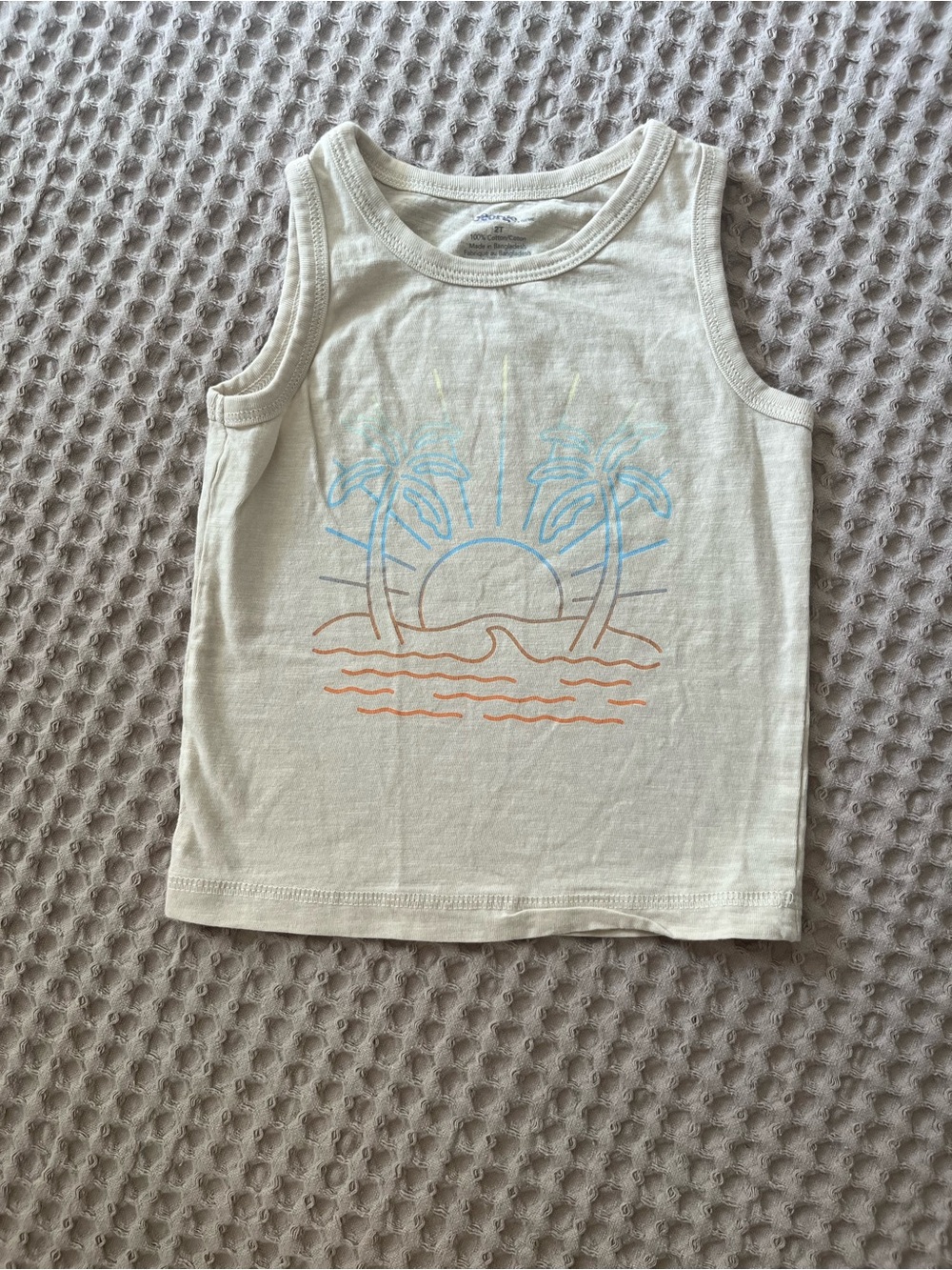 5 for $10 Toddler Cream Tank Top with Sunset Palm Graphic